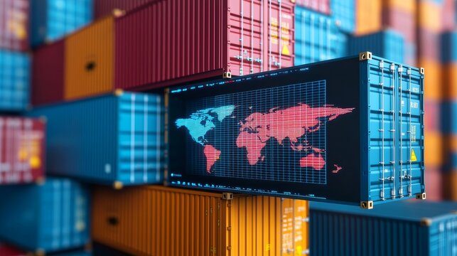 A close-up of stacked shipping containers, featuring a digital map overlay, highlighting global trade connections and logistics. - Powered by Adobe