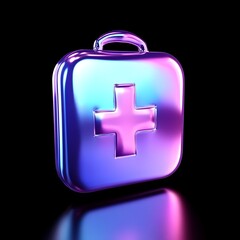 Glossy Blue Purple First Aid Kit Icon Floating in Air on Dark Background