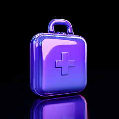 Obraz premium Glossy Blue Purple 3D Rendered First Aid Kit Icon Floating in Air on Black Background