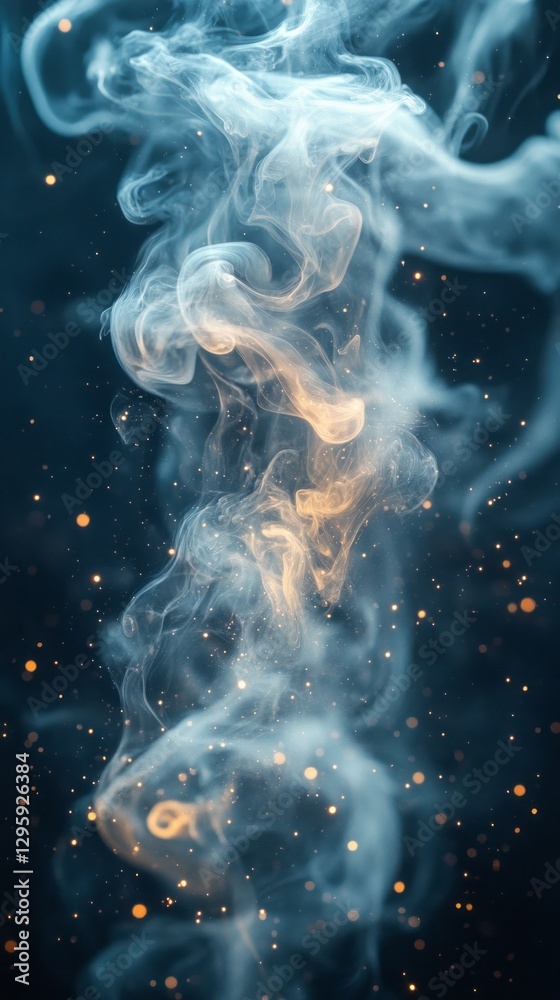 Poster swirling tendrils of delicate smoke rise mysteriously against a deep blue backdrop, while glowing go