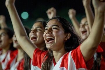 Cheerful soccer fans celebrating victory in team spirit at night match
