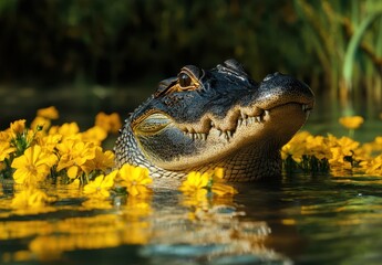 Obraz premium Close-Up of an Alligator Surrounded by Vibrant Yellow Flowers in a Tranquil Water Setting on a Bright Sunny Day