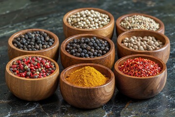 Assorted spice collection in wooden bowls - vibrant culinary essentials for gourmet cooking and kitchen decor