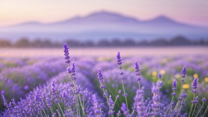 Obraz premium Lavender blooms in a serene field with mountains in the background during sunset
