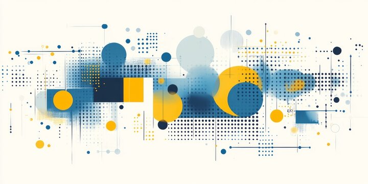 Abstract design featuring circles squares lines and dots in blue yellow