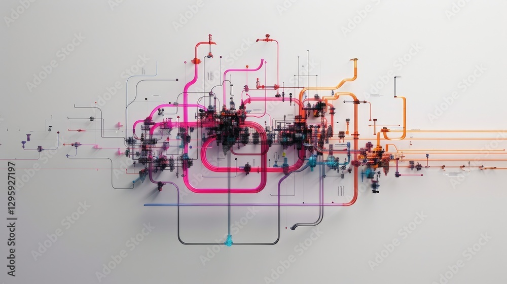 Poster a vibrant abstract representation of a workflow and data visualization concept featuring various col