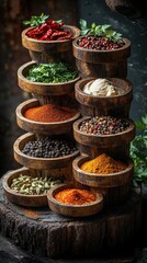 Fototapeta premium Rustic spice assortment in wooden bowls with herbs and peppers for culinary inspiration
