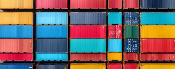 Fototapeta premium A vibrant arrangement of shipping containers in various colors, showcasing the logistics and transportation industry from an aerial perspective.