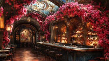 Obraz premium Elegant bar interior adorned with vibrant pink flowers, creating a romantic and inviting atmosphere for social gatherings and culinary experiences at night.