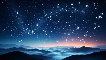 Misty mountains with a starry night sky. The fog rolls through the landscape, while the stars and moonlight create a stunning view of the scenic mountain peaks.