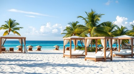 Obraz premium A picturesque tropical beach scene featuring luxurious cabanas, palm trees, and inviting sun loungers, perfect for relaxation under the bright blue sky and serene ocean waves. 
