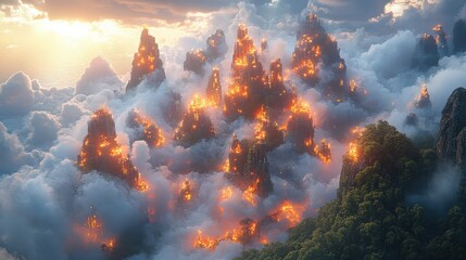 Fiery Mountain Landscape at Sunset with Vibrant Clouds and Erupting Peaks, Captivating Natural Scene Illuminated by Orange and Yellow Flames