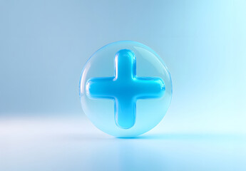 Obraz premium Blue Glass 3D Plus Icon Floating on White and Blue Gradient Background