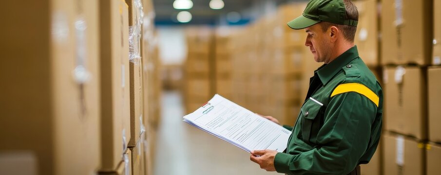 A warehouse worker reviews shipment paperwork while surrounded by stacked boxes, ensuring accurate inventory management and efficient logistics operations.