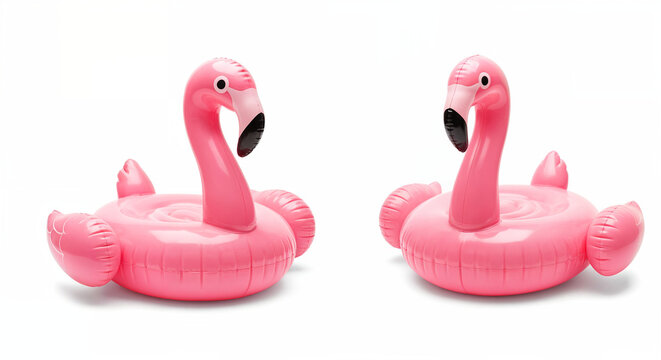 Flamencos rosados inflables aislados sobre fondo blanco, perfectos para recortar y usar en dise&ntilde;o.