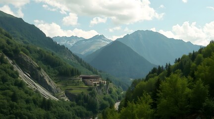 Fototapeta premium Breathtaking mountain landscape featuring lush greenery, distant peaks, and a serene sky, perfect for outdoor adventures and nature exploration. 