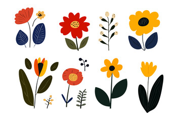 Vector clipart collection of flower logos in different colors and styles, featuring simple floral patterns and bright hues