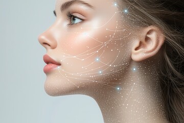 Naklejka premium Close-Up Portrait of a Woman with Clear Contours and Soft Lipstick: Glowing Dots and Lines on Face and Neck Highlighting Technological and Futuristic Aesthetic