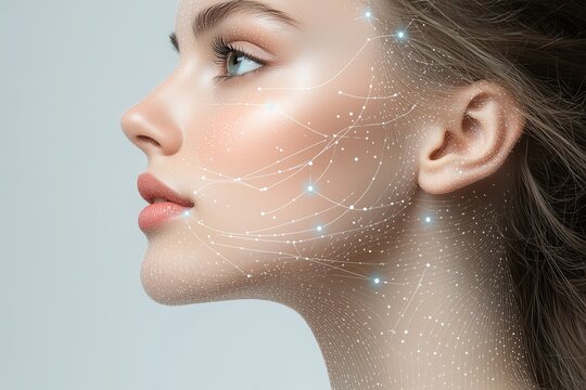 Close-Up Portrait of a Woman with Clear Contours and Soft Lipstick: Glowing Dots and Lines on Face and Neck Highlighting Technological and Futuristic Aesthetic