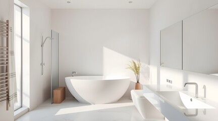 A modern and minimalist bathroom featuring a spacious design with a sleek tub, shower, and elegant fixtures, enhanced by natural light and a touch of greenery for a serene and inviting atmosphere.   