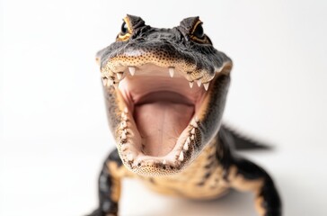 Obraz premium Close-Up of an Alligator with Open Mouth Showcasing Sharp Teeth, Textured Skin, and Striking Eyes Against a Neutral Background