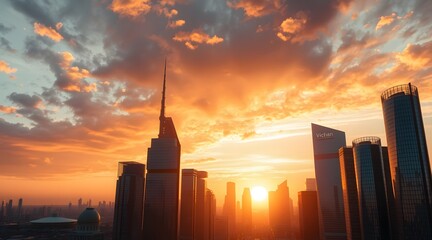 A breathtaking city skyline at sunset, showcasing modern skyscrapers silhouetted against a vibrant sky, creating a stunning urban landscape filled with warm, dramatic colors and a tranquil atmosphere.