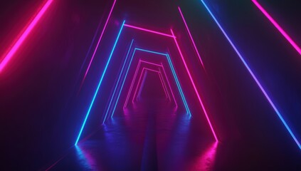 Neon geometric tunnel with glowing blue lights