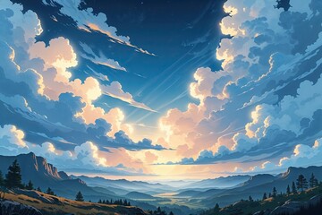 Light-Infused Sky Illustration in Untouched Territory with Shifting Clouds and a Peaceful Atmosphere