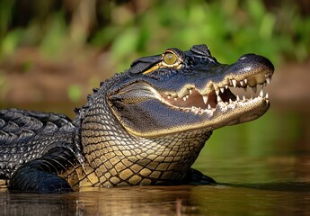 Fototapeta premium Close-up of an Alligator with Sharp Teeth Emerging from Water in a Lush Green Environment Under Bright Sunlight in a Wild Habitat