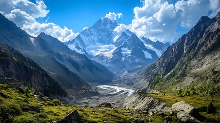 Adventurer exploring snowy mountain trails with stunning alpine views high resolution picture