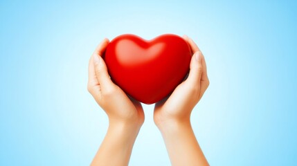 Care and Protection Two Hands Holding a Red Heart, Blue Background, Compassion Concept Heart, Charity