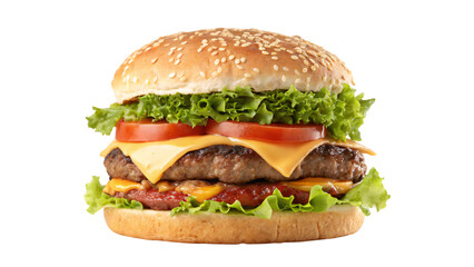 A delicious beef burger with cheese and lettuce, isolated on white