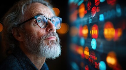 Senior man analyzing financial data on screen