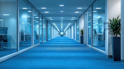 Modern Office Corridor with Glass Walls and Blue Carpet, Showcasing a Bright and Open Workspace Design Ideal for Corporate Environments and Creative Professionals