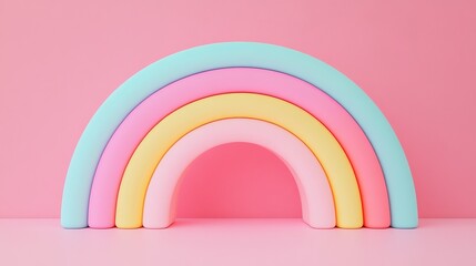 Fototapeta premium Pastel Rainbow Arch 3D Render, Pink Background, Minimalist Design, Abstract Art, Colorful, Sweet Rainbow, 3D render