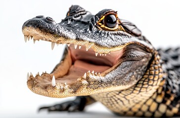 Obraz premium Close-up of an Alligator's Open Mouth Showcasing Sharp Teeth and Unique Texture against a Clean White Background