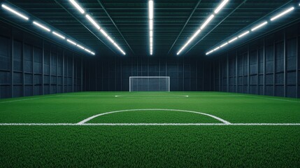 Obraz premium Indoor Soccer Field with Artificial Turf and Goalpost in Dark Space