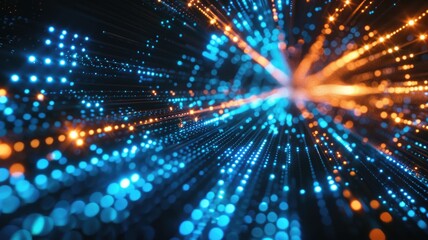 Fototapeta premium Abstract picture of digital particle with digital technology style design connecting become dynamic of electric wave movement represent about flowing of data or structure of network system. AIG53.