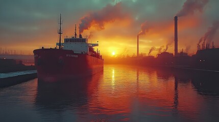 Fototapeta premium Tranquil Industrial Sunrise with Docked Ship Reflecting in Water Amidst Smoky Skyscrapers and Gentle Mist Over River