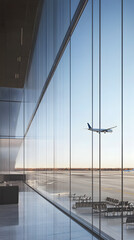 Obraz premium A panoramic view of an airport terminal, with large windows overlooking the runway and airplanes visible outside 