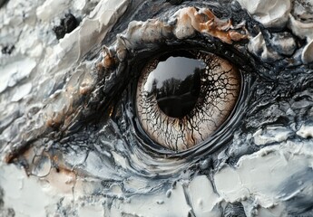 Close-up of an Artistic Eye of a Lizard Sculpture with Intricate Textures and Unique Color Variations Reflecting Surroundings in Natural Light