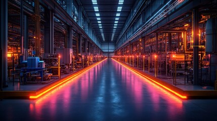 Vibrant Industrial Warehouse Aisle with Neon Lighting and Detailed Machinery Showcasing Modern Manufacturing and Innovative Technology in a Spacious Environment