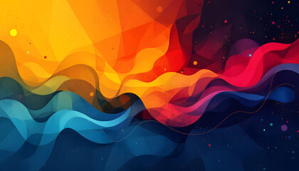 Background Vibrant Abstract Wave Design with Warm and Cool Colors. A dynamic abstract image featuring overlapping, wavy shapes in a spectrum of warm and cool colors, including yellows, oranges, reds, 