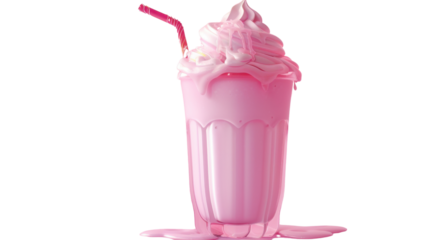 Pink milkshake overflowing with whipped cream and straw on transparent background