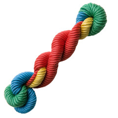 Colorful twisted rope toy for pets, featuring red, blue, green, and yellow strands, perfect for playtime and chewing