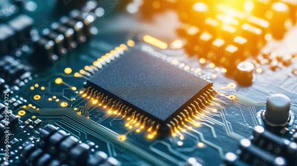 Poster close-up view of computer circuit board with microchip and glowing lights emphasizing technology and