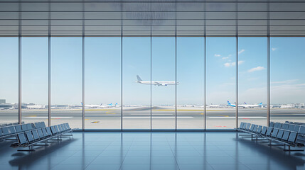 A panoramic view of an airport terminal, with large windows overlooking the runway and airplanes visible outside
