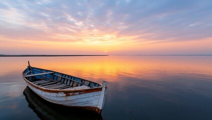 Old wooden boat at sunrise on calm water.