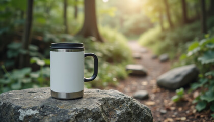 White travel mug on rock with forest trail in background. Space for adventurous brands or inspirational quotes, outdoor lifestyle. 