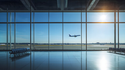 A panoramic view of an airport terminal, with large windows overlooking the runway and airplanes visible outside
